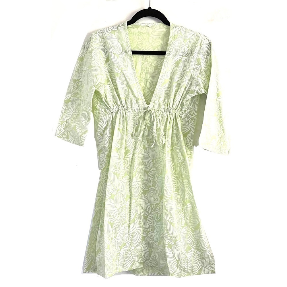 Tropical Swim Cover Up S/M Leaf Print Light Green Sheer Vacation Blogger Trip